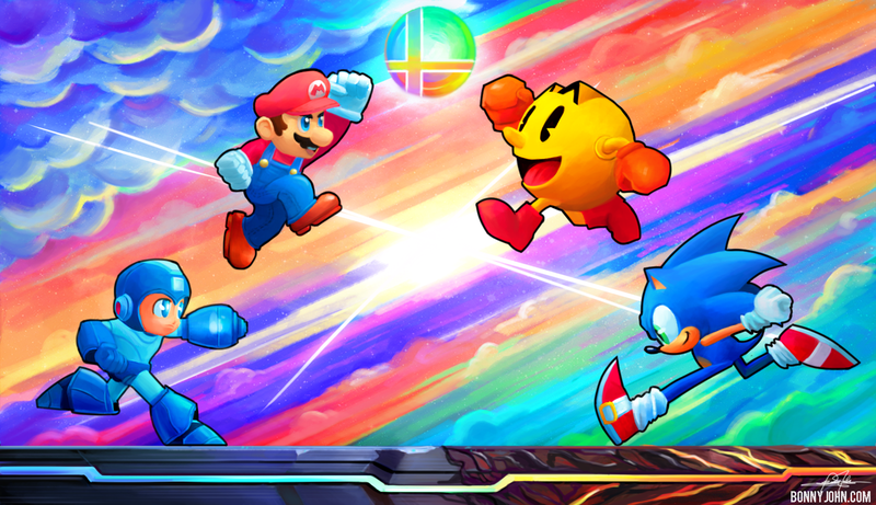 Illustration for article titled The Smashiest of Bros! Mario, Sonic, Mega Man, and Pac-Man in Speed Painting Form!